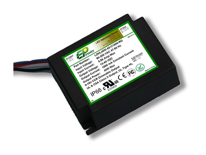 LDHL Series 40 Watt AC/DC LED Driver (Constant Current, Dimming Options, 347–480VAC Input, UL Recognized, Lead-out from Bottom) - LiteControls
